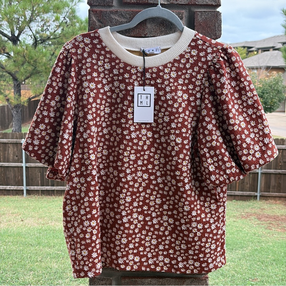 THML Rust and White Floral Crew Neck Sweater